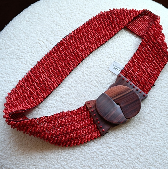 Handcrafted Beaded Stretchable Belt with a Wooden Buckle - Picture 1 of 11